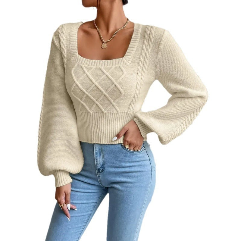 Plush Women's Square Collar Sweater - Cropped Knit Layering