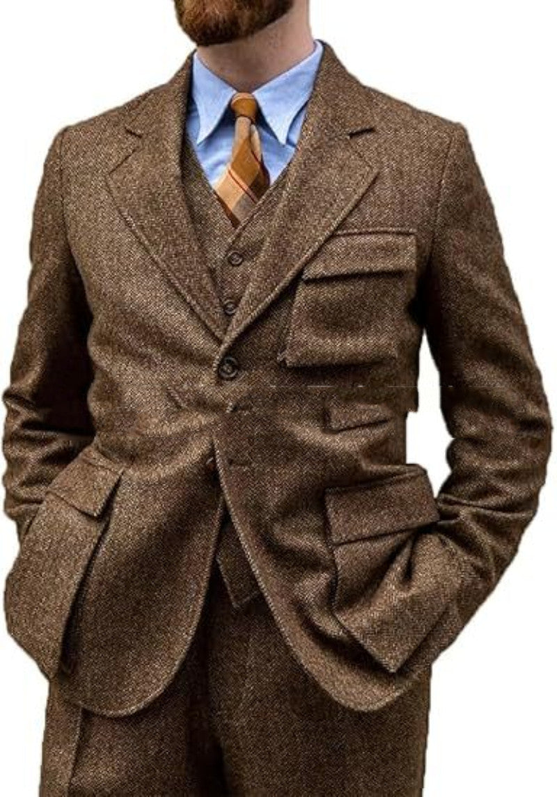 men's Wrinkle-free three-piece suit - slim-fit, herringbone wool, for formal events and business wear