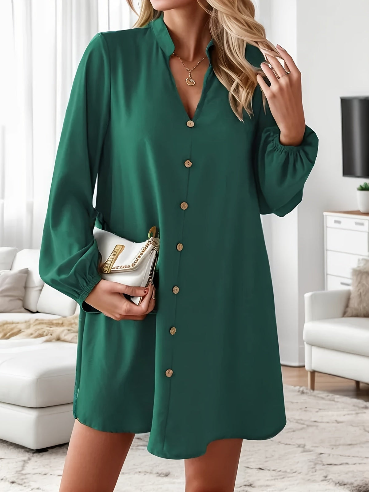 Variant image for Airy Casual V-Neck Long Sleeve Dress for Women, Loose Fit Summer Midi Dress in Multiple Colors-1