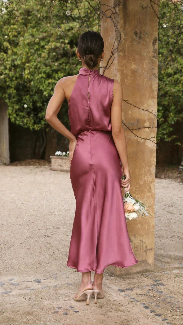 Elegant Long Sleeve Dress in Shimmering Fabric, Fluid Silhouette for Formal Events, Full-Length Long Dress for Women-5