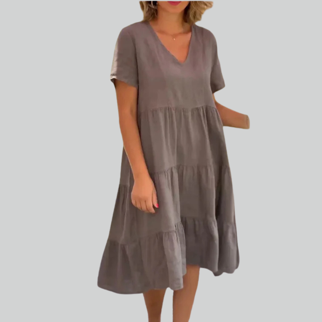 Linen Cotton Casual Women's Dress - Short Sleeve V-neck Swing Summer S-5XL