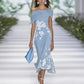 Light women's dress - off-shoulder twist midi-length, floral print, polyester, for weddings