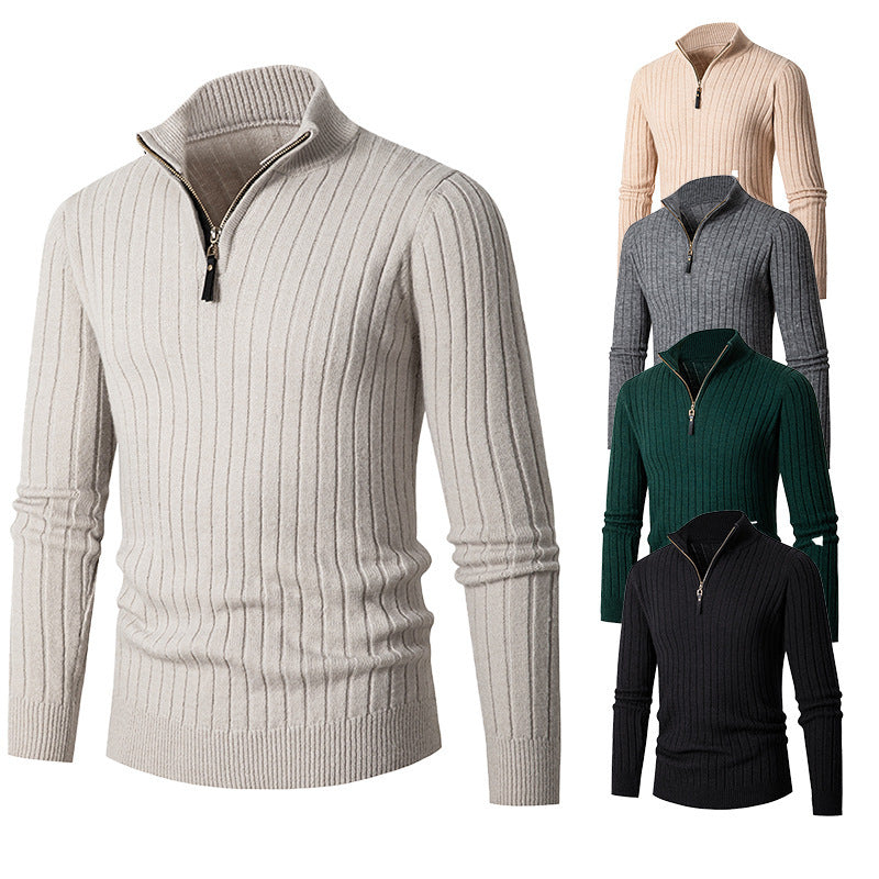 Men's Fitted Half Turtleneck Zip Sweater - Ribbed Knit