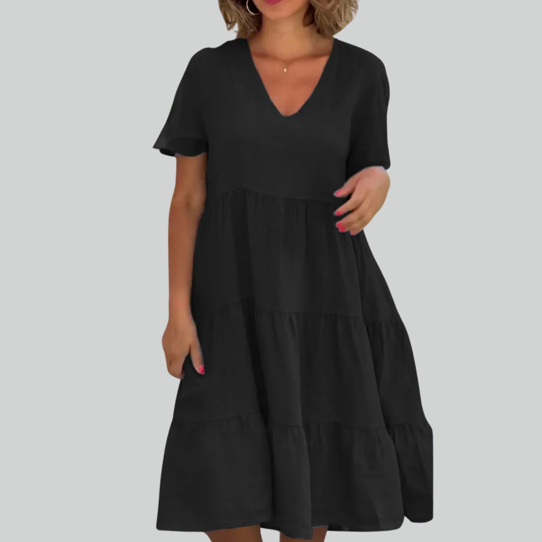Linen Cotton Casual Women's Dress - Short Sleeve V-neck Swing Summer S-5XL