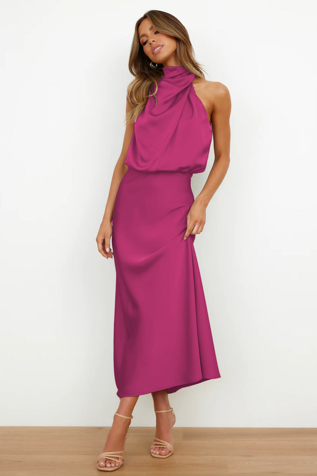Variant image for Long Satin Halterneck Formal Dress for Weddings and Elegant Occasions, Full-Length Evening Gown-29