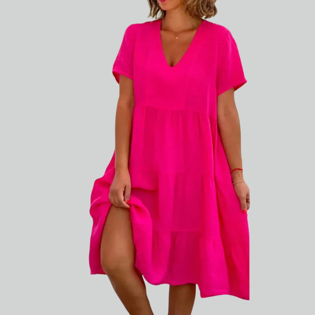 Linen Cotton Casual Women's Dress - Short Sleeve V-neck Swing Summer S-5XL