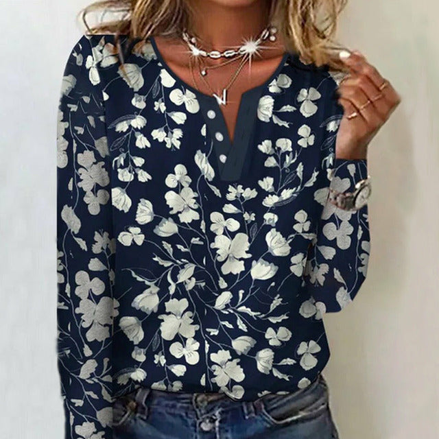 Variant image for Floral Print Womens Blouse with Round Neck and Button Detail, Casual Full-Length Top for Spring and Autumn-1