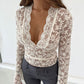 Floral Lace Women's Top, Long-Sleeved Blouse in Black and White, Lightweight Polyester, Modern Fitted Design-5