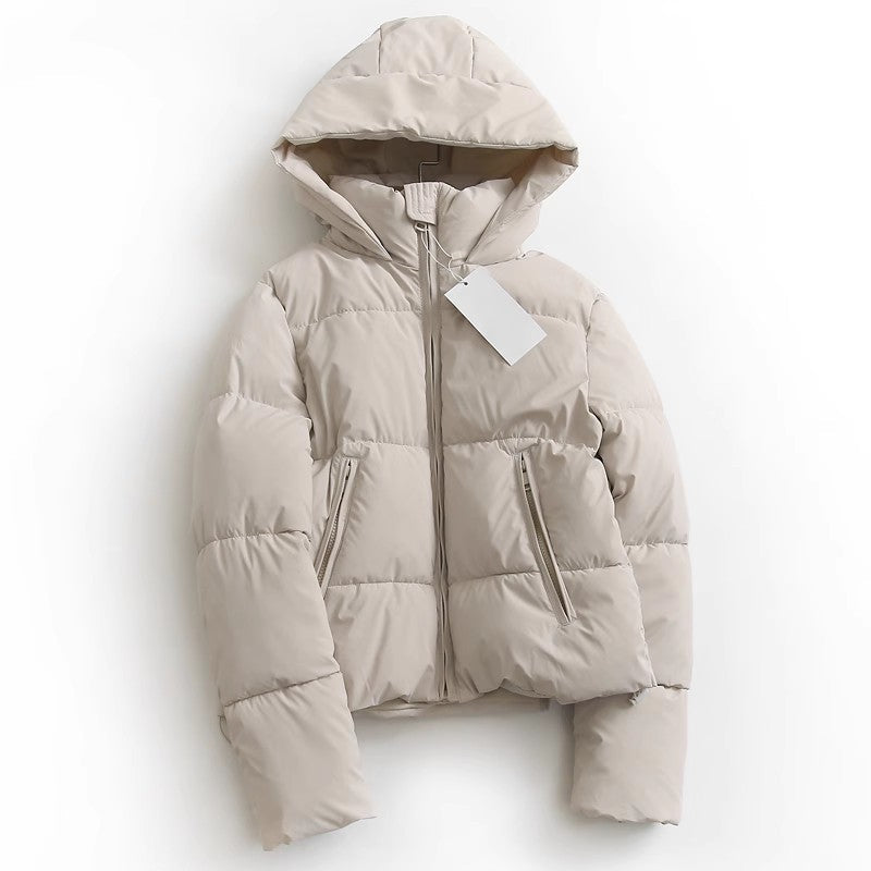 Women Warm Hooded Puffer Coat - Cropped Boxy Cotton Winter