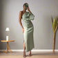 Elegant Black Midi Dress with Asymmetrical Shoulder and Long Sleeves for Women-2