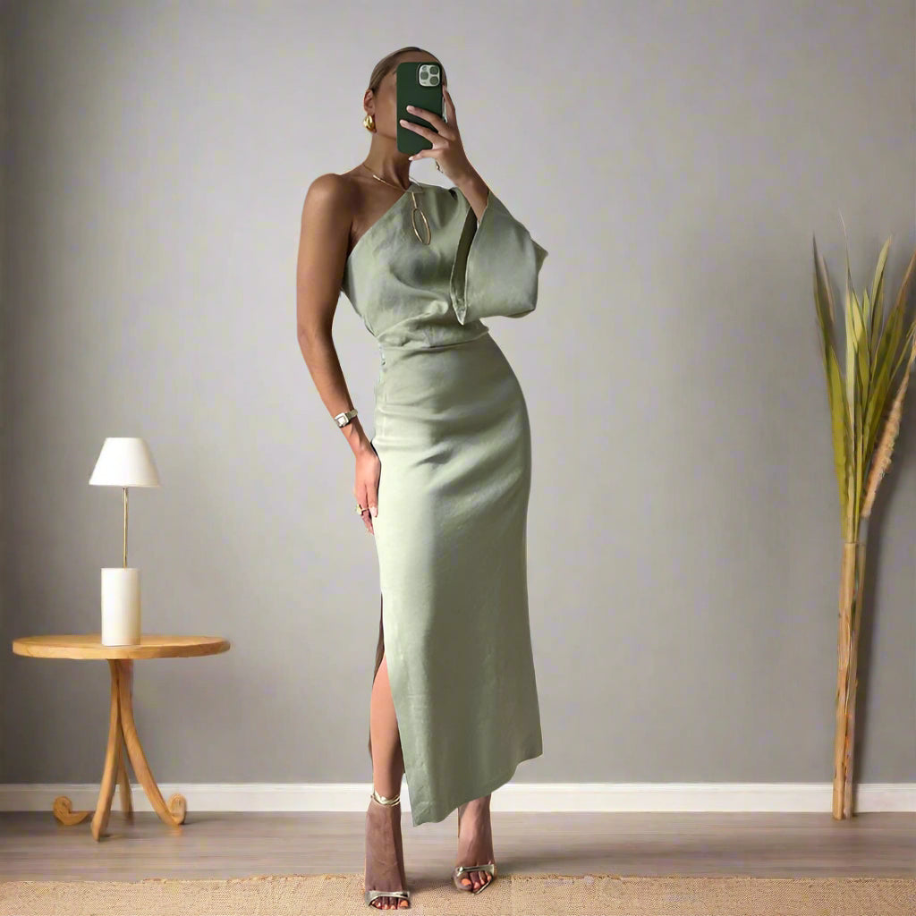 Elegant Black Midi Dress with Asymmetrical Shoulder and Long Sleeves for Women-2