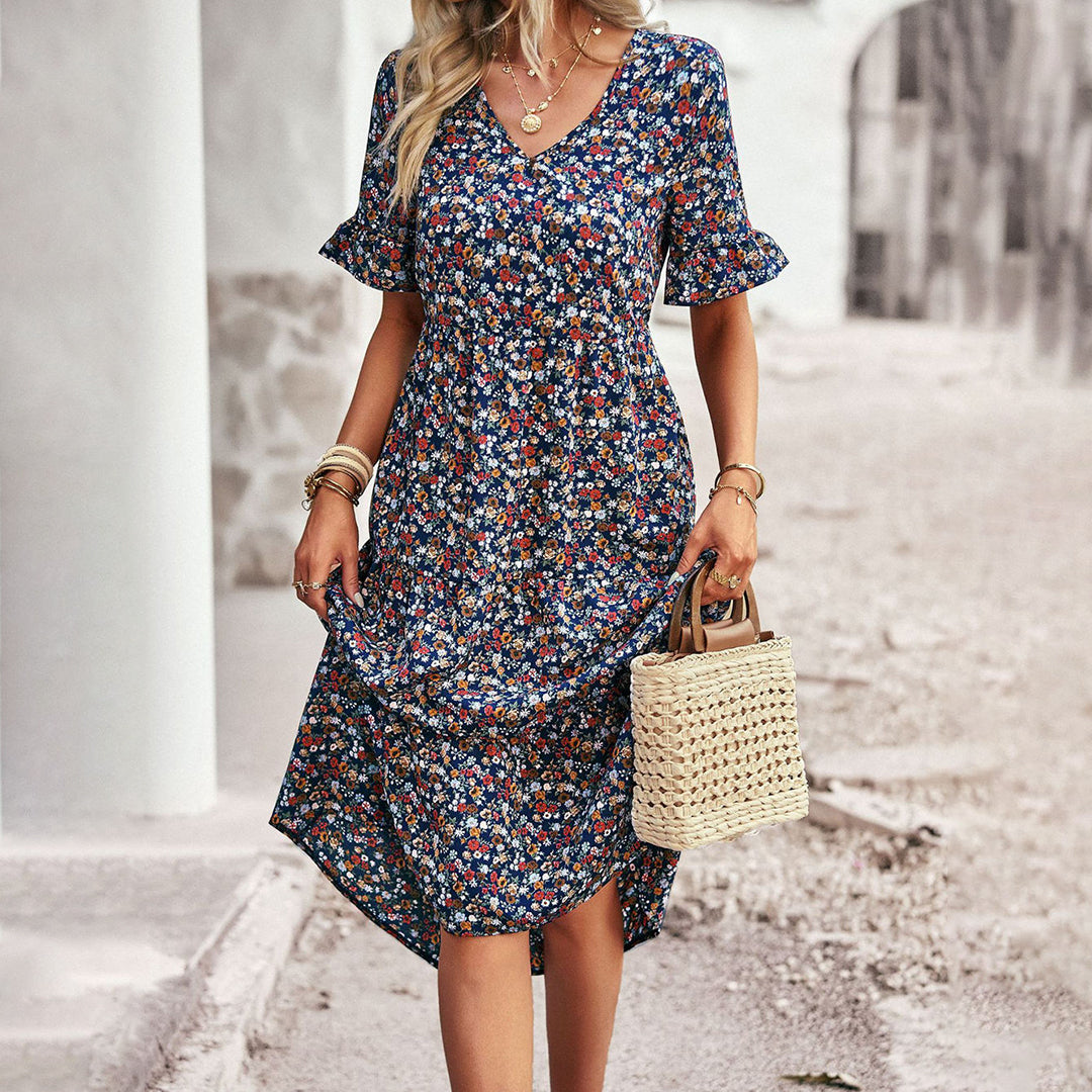 Variant image for Elegant Floral Print Midi Dress - Versatile Summer Wedding Guest Dress for Work and Social Occasions-9