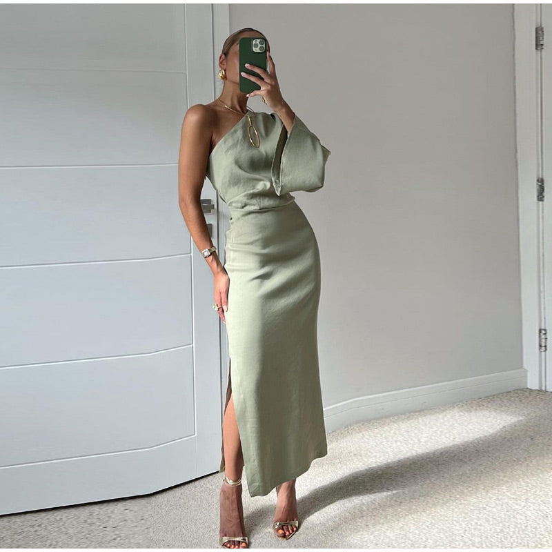 Variant image for Elegant Black Midi Dress with Asymmetrical Shoulder and Long Sleeves for Women-1