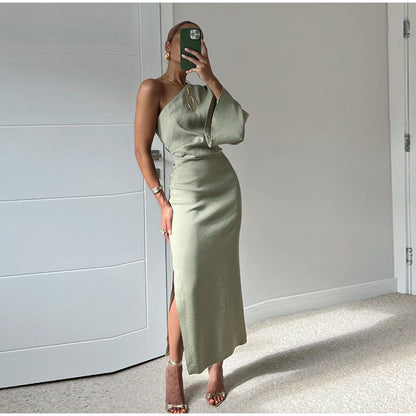 Variant image for Elegant Black Midi Dress with Asymmetrical Shoulder and Long Sleeves for Women-1