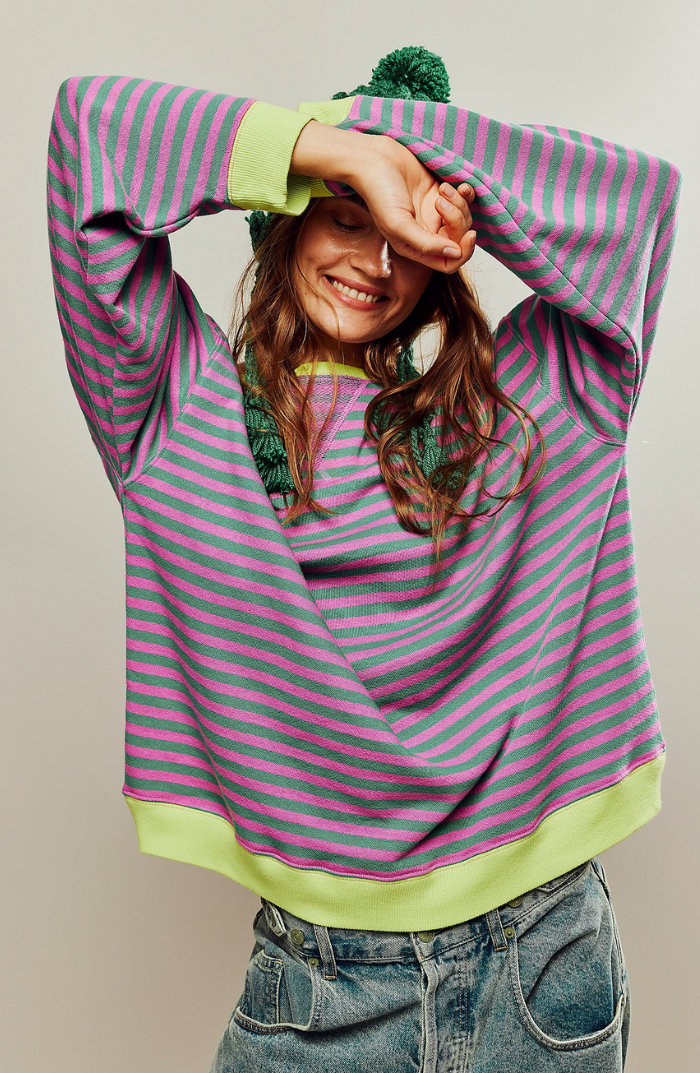Women's Oversized Sweatshirt - Boxy Striped Cotton Casual