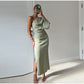 Elegant Black Midi Dress with Asymmetrical Shoulder and Long Sleeves for Women-1