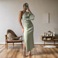 Elegant Black Midi Dress with Asymmetrical Shoulder and Long Sleeves for Women-3
