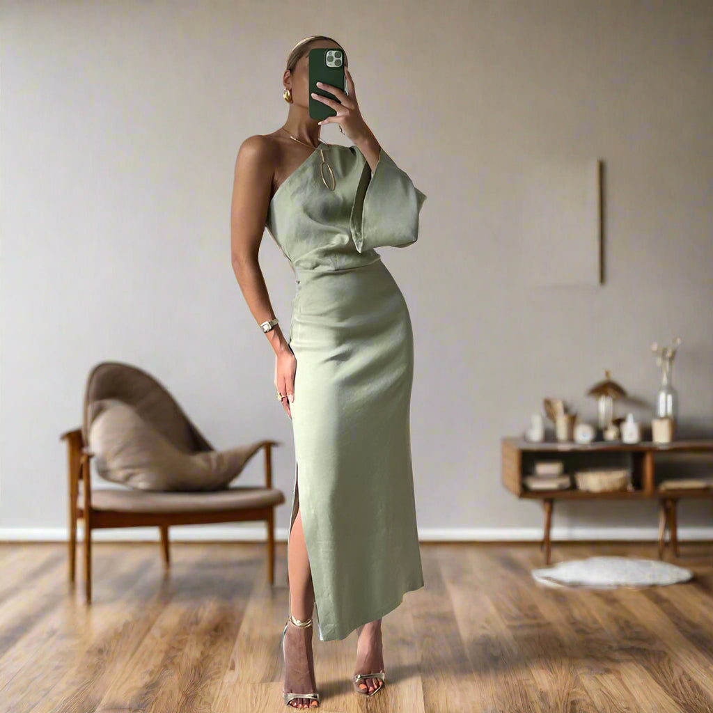 Elegant Black Midi Dress with Asymmetrical Shoulder and Long Sleeves for Women-3