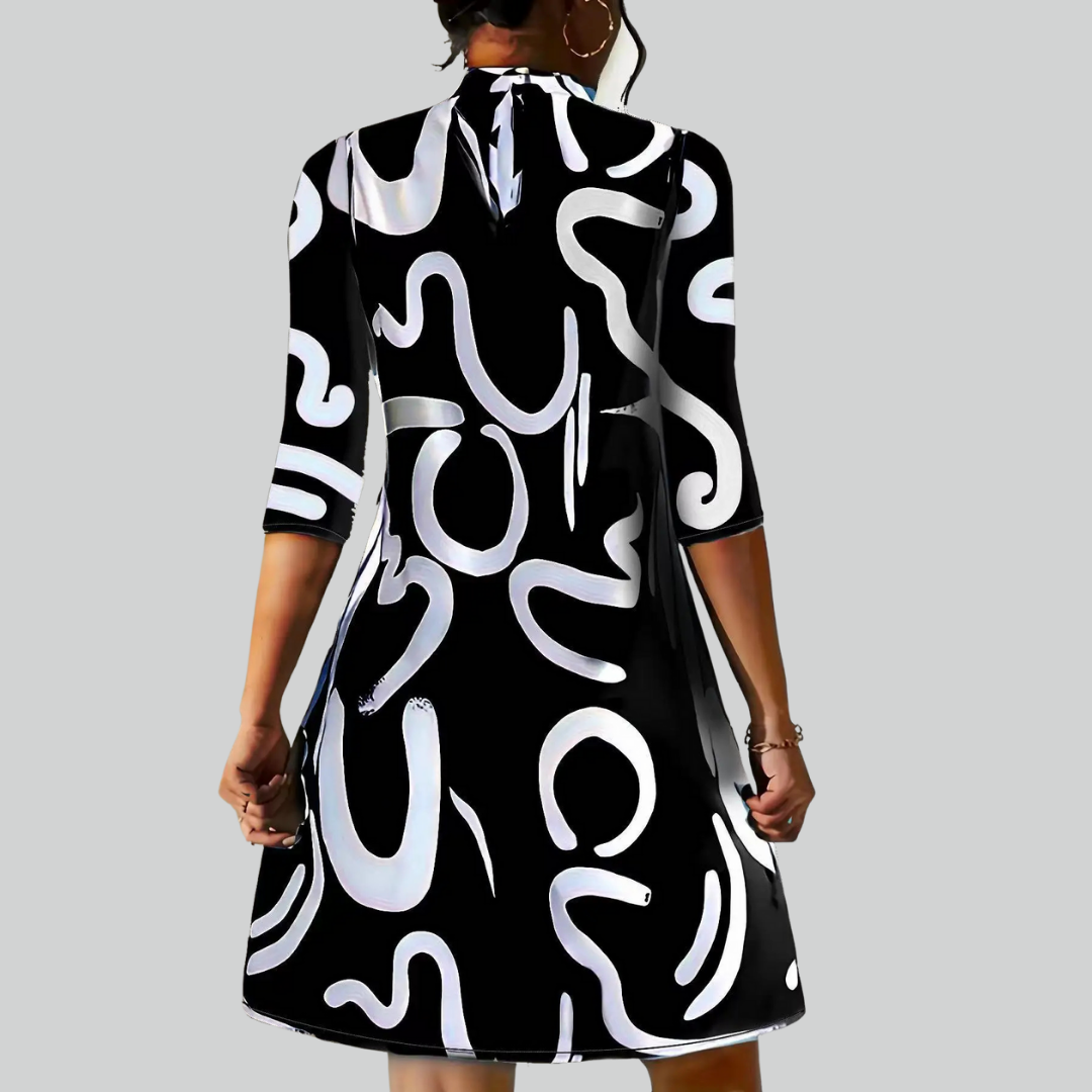 Long Fashion Sleeve Print Mini Dress for Women Autumn Casual Office Wear Robe Femme