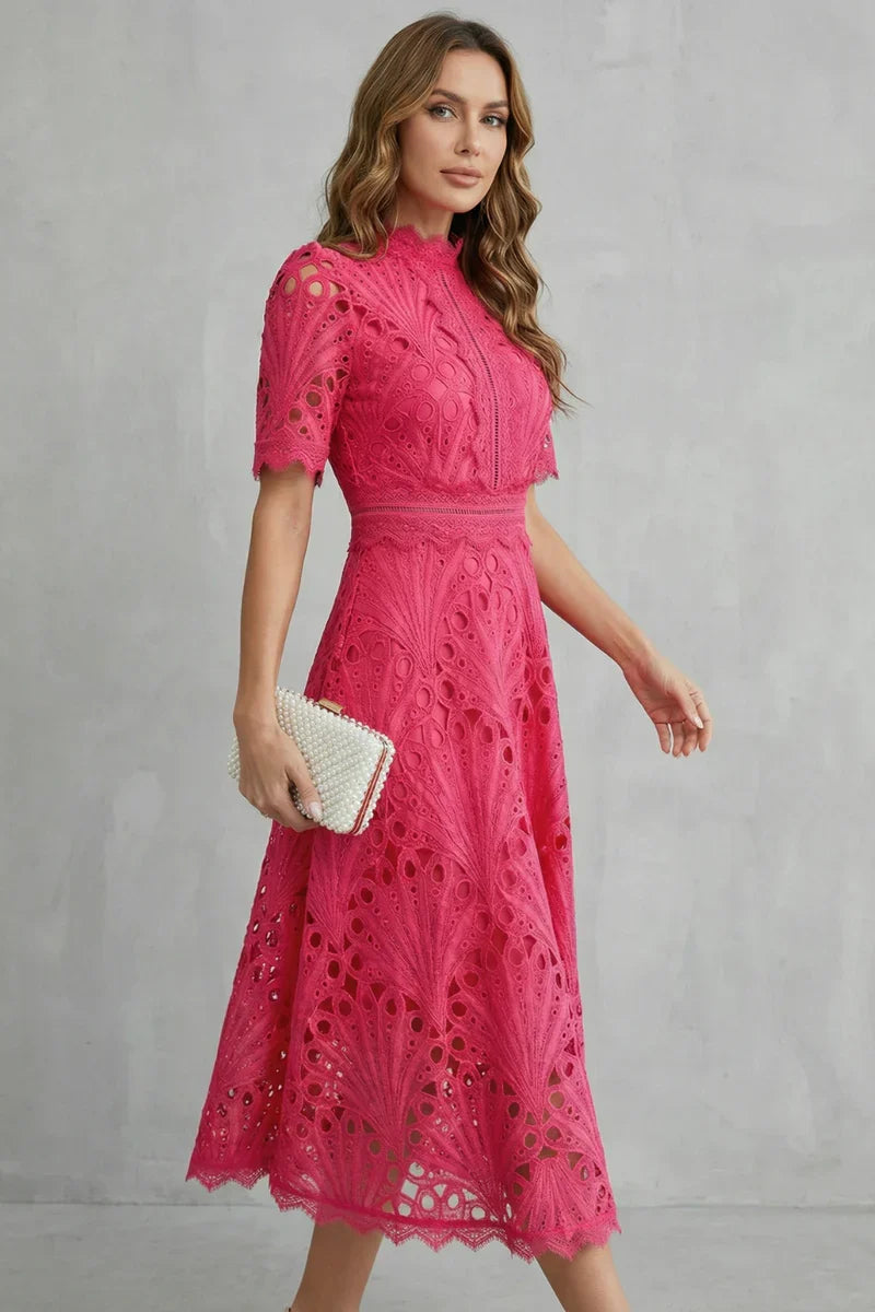 Plush Women's Dress - Lace, Cinched Waist, Short Sleeves, Timeless A-Line Silhouette, 100% Polyester, For Occasions