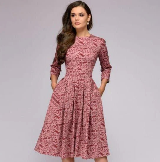 Floral Print Midi Dress with Wide Skirt for Women's Summer and Formal Fashion-2