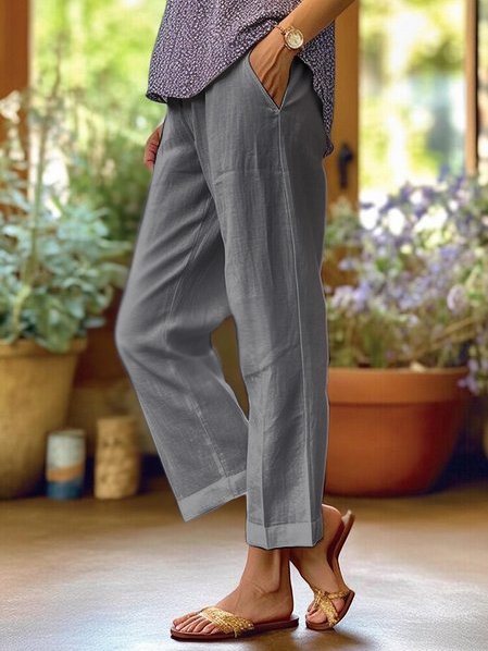 Loose-Fitting White Linen Pants for Women, Breathable Wide Leg Casual Trousers-3