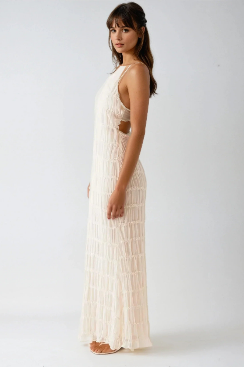 Ethereal Halter Maxi Dress in Soft Nude with Pleated Layers - Elegant Long Dress for Women, Full-Length Design-3