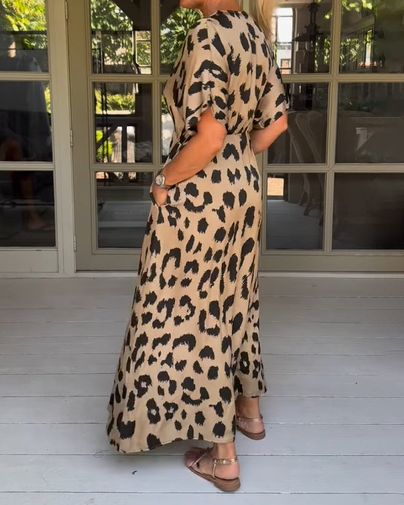 Plus Size Women's Boho Dress, Breathable Loose Fit Summer Dress in Panther Print - Available in Khaki, Blue, Gray-4
