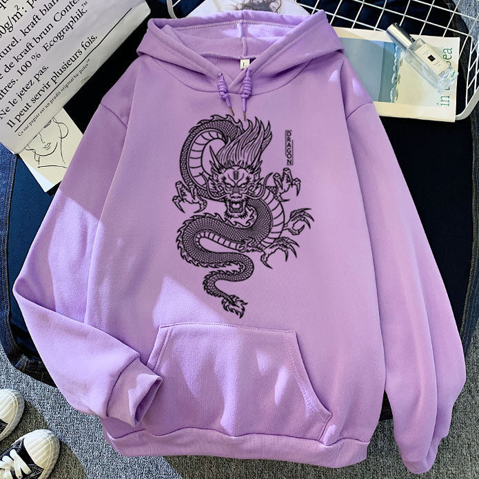 Men’s Warm Hoodie - Dragon Print Pullover, Polyester Casual