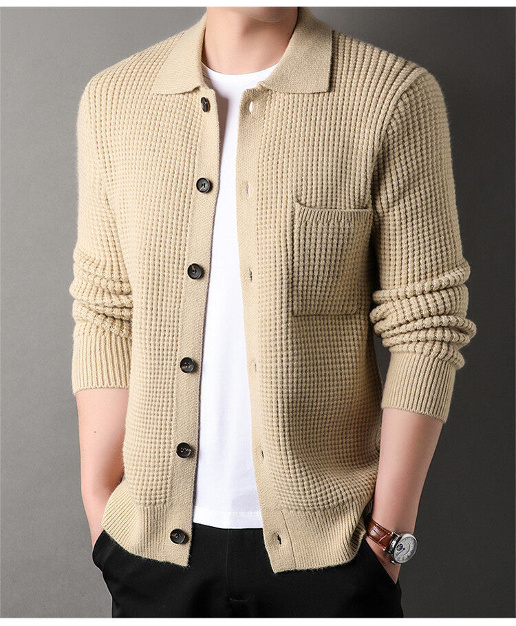 Textured Warm Men's Cardigan - Polo Lapel, Knit For Autumn