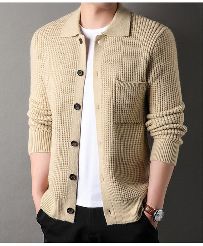 Textured Warm Men's Cardigan - Polo Lapel, Knit For Autumn