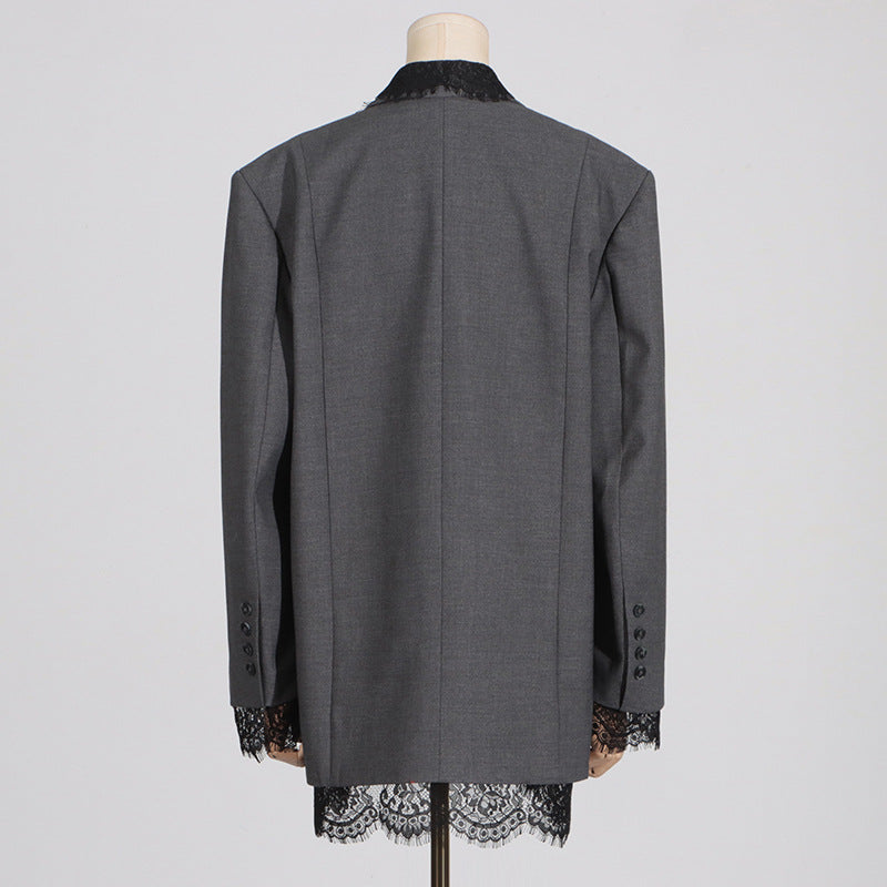 women's Structured blazer - lace-panel design, long-sleeve, polyester, for office-ready workwear