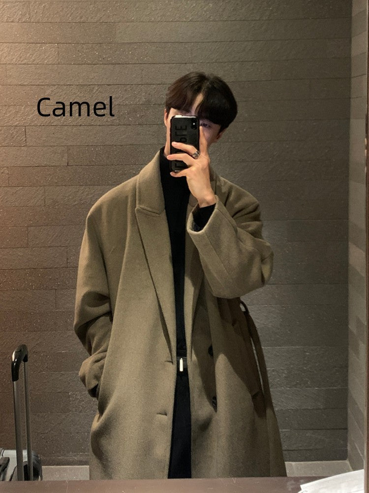 Men's Warm Trench Coat - Single-Breasted, Wool, Winter