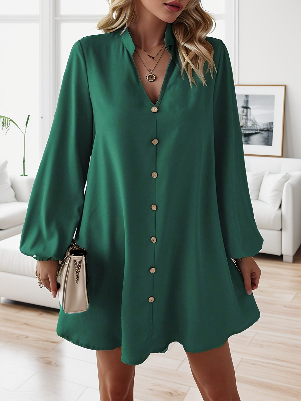 Airy Casual V-Neck Long Sleeve Dress for Women, Loose Fit Summer Midi Dress in Multiple Colors-3