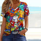 Colorful Cat Print Women's T-Shirt, Short Sleeve V-Neck Cotton Blend Top for Spring and Summer Casual Wear-1