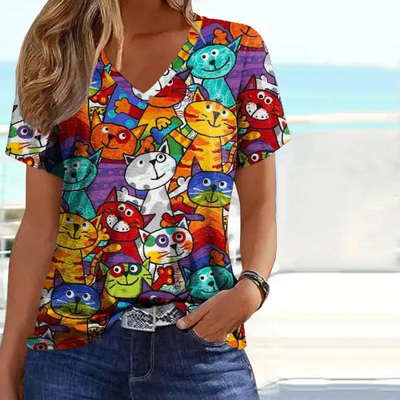 Colorful Cat Print Women's T-Shirt, Short Sleeve V-Neck Cotton Blend Top for Spring and Summer Casual Wear-1