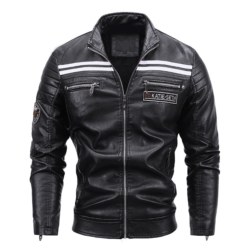 men's Warm leather motorcycle jacket - biker-cut with quilted shoulders and racing stripes, PU leather, for autumn rides