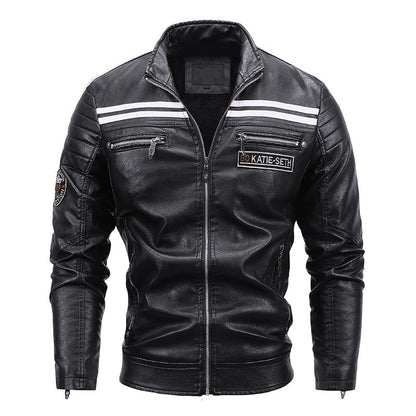 men's Warm leather motorcycle jacket - biker-cut with quilted shoulders and racing stripes, PU leather, for autumn rides
