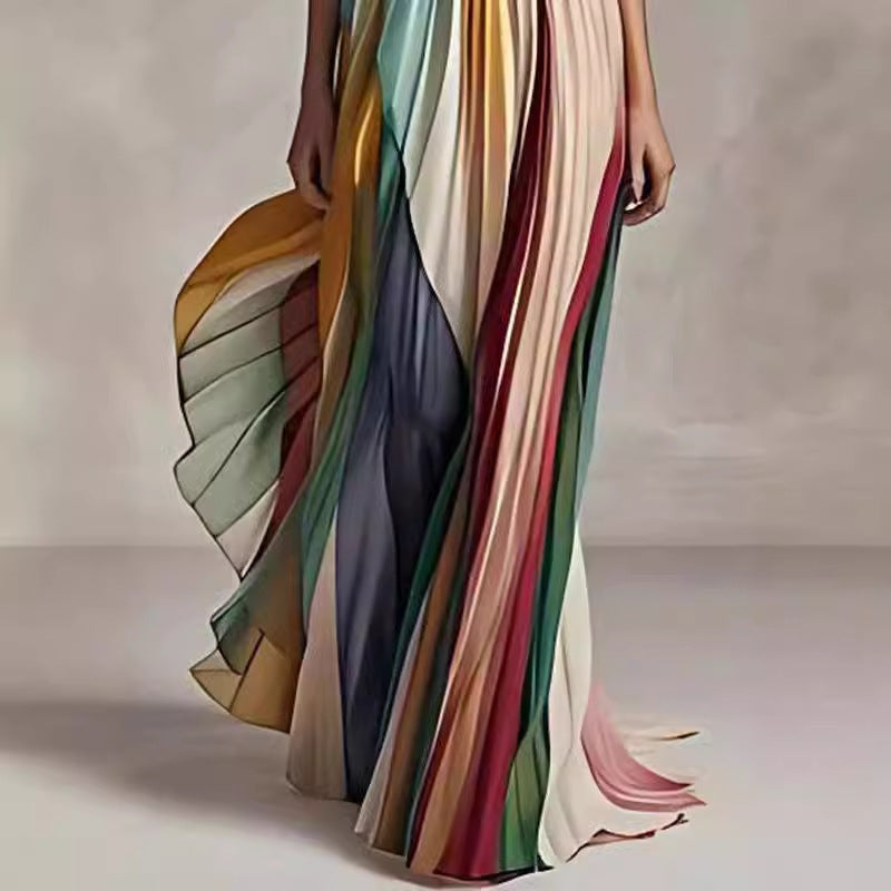 Light Women's Maxi Dress - Tube-Top Flowy Printed Stripe, Polyester Crepe, for Summer Vacation