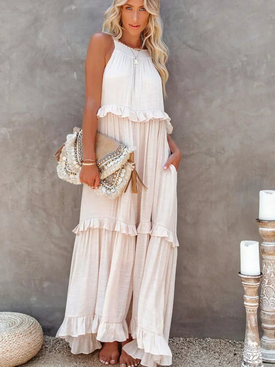 Elegant Halter Ruffle Floral Maxi Dress for Women, Lightweight Bohemian Long Dress, Flowing Fit-2