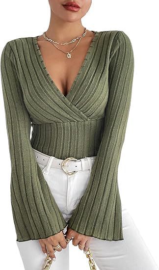 Women’s Stretchy Long Sleeve Top - V Neck, Ribbed Knit