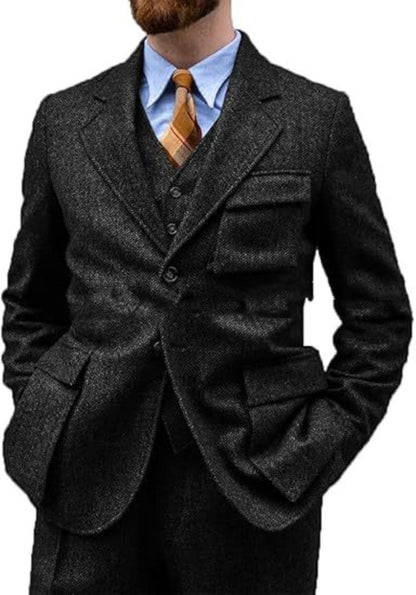 men's Wrinkle-free three-piece suit - slim-fit, herringbone wool, for formal events and business wear