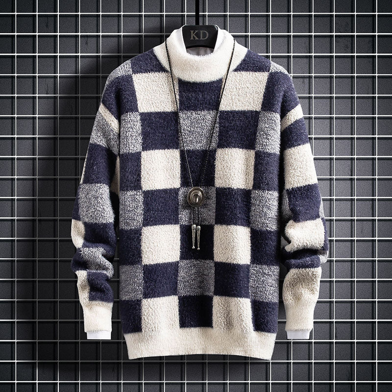 Mens Warm Crew Sweater - Checked Knit, Nylon, For Winter