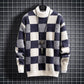 Mens Warm Crew Sweater - Checked Knit, Nylon, For Winter