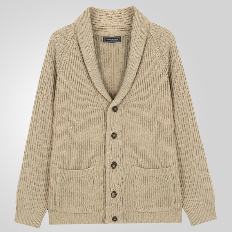 Plush Men's Shawl Collar Cardigan - Rib Knit, Spring Fall