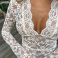 Floral Lace Women's Top, Long-Sleeved Blouse in Black and White, Lightweight Polyester, Modern Fitted Design-4