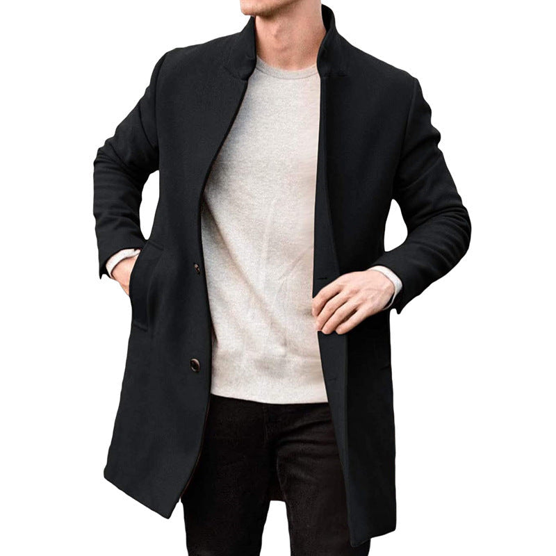Timeless Warm Men's Wool Coat - Stand Collar, Mid Thigh