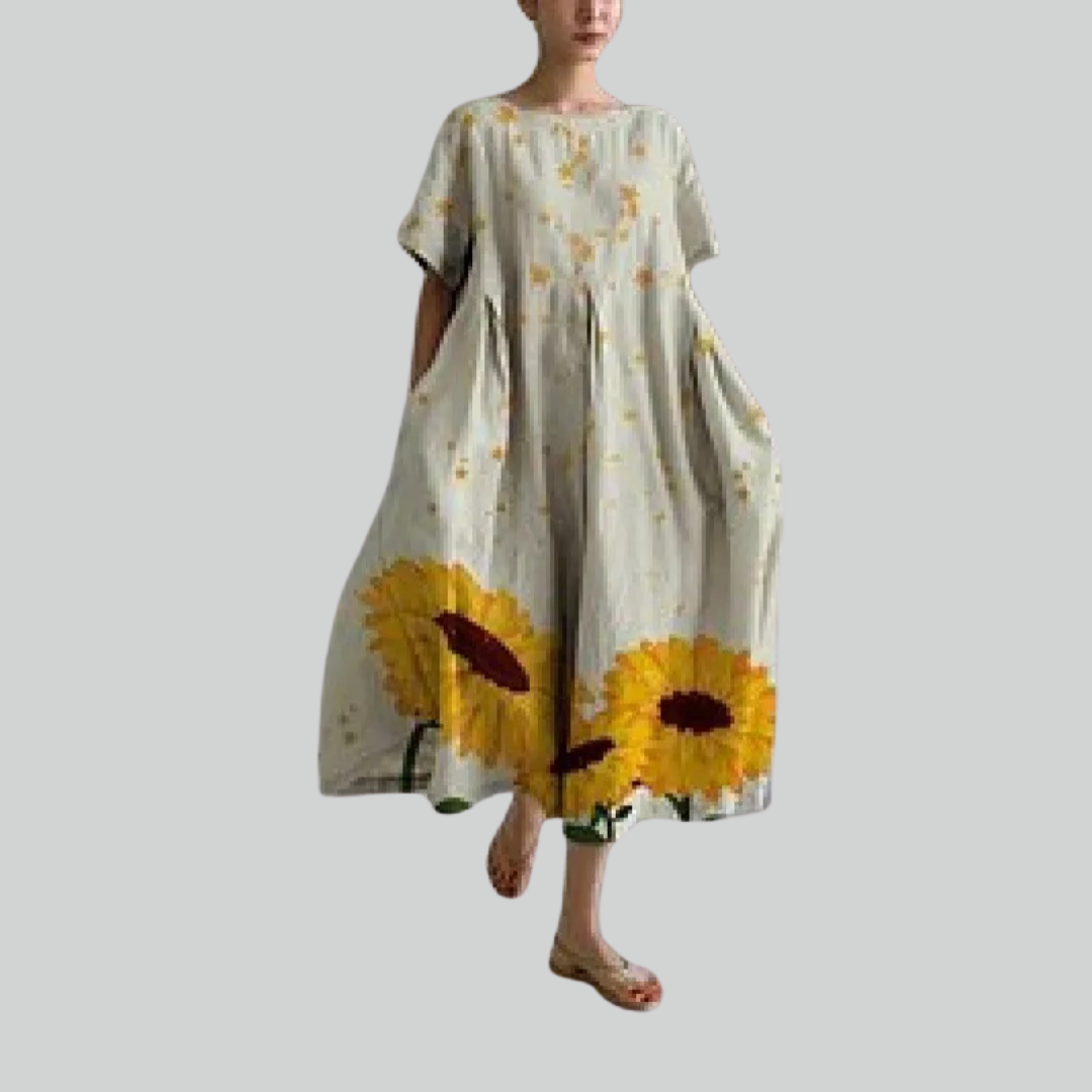 Lady Fashion Short Sleeve Loose Maxi Dress - Retro Flower Print Pocket Party Dress