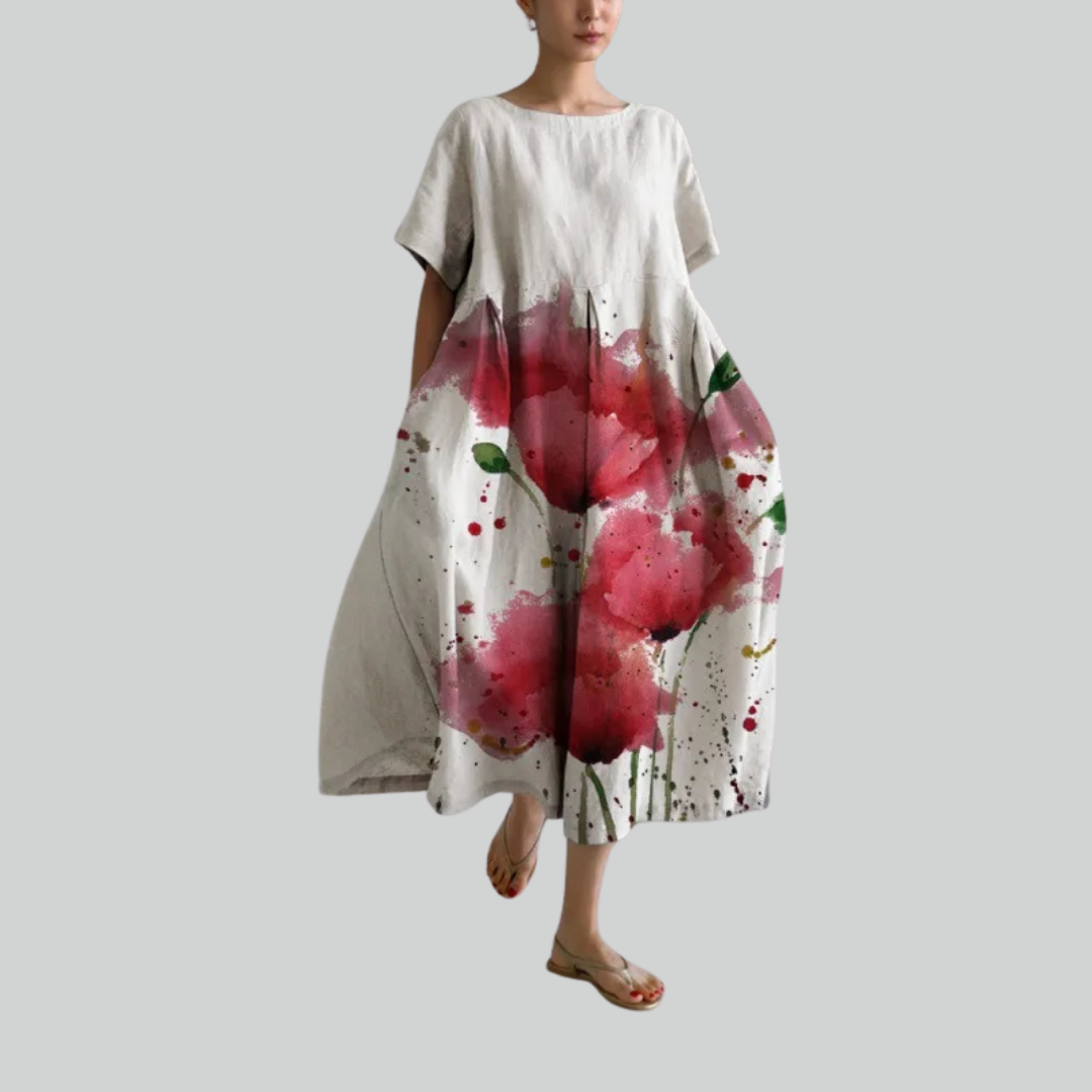 Lady Fashion Short Sleeve Loose Maxi Dress - Retro Flower Print Pocket Party Dress