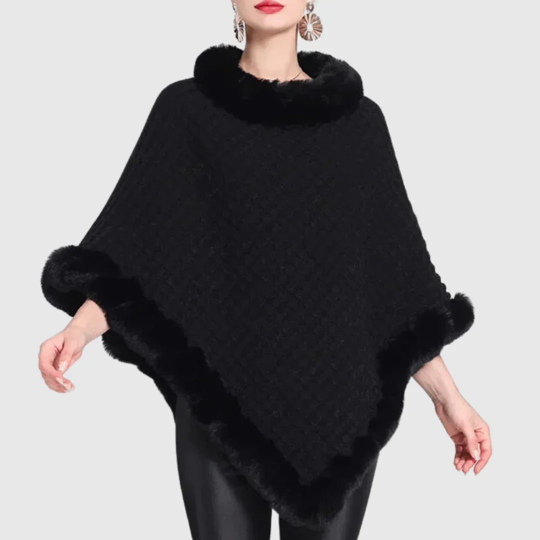 Cozy Warm Women's Poncho - Rollneck, Ribbed Knit, Faux Fur
